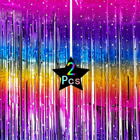 Glitzernder Neon Regenbogen Folienfransen Vorhang Hintergrund Metallic Streamers Foto Booth Requisiten für Geburtstag Junggesellinnenabschied Gay Pride Tag Abschluss Hochzeit 80er 90er Disco Party Dekorationen - 2 Packungen (1m x 2m)